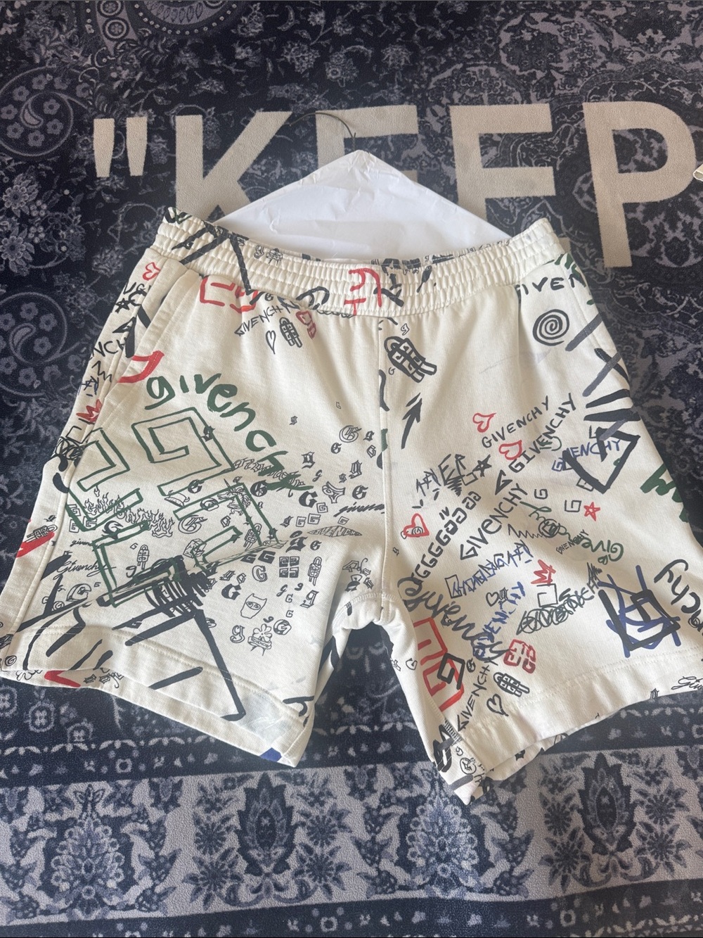Givenchy Cream Graphic Logo Athletic Shorts with Red, Green, Blue Accents